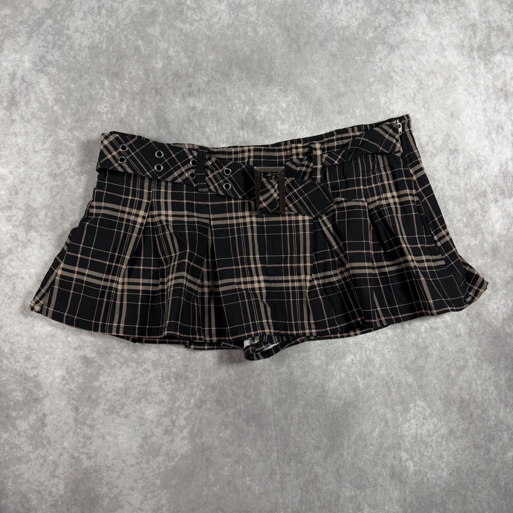 Windsor Plaid Pleated Skort Belted Grommet Mini Skirt Black Tan L Schoolgirl